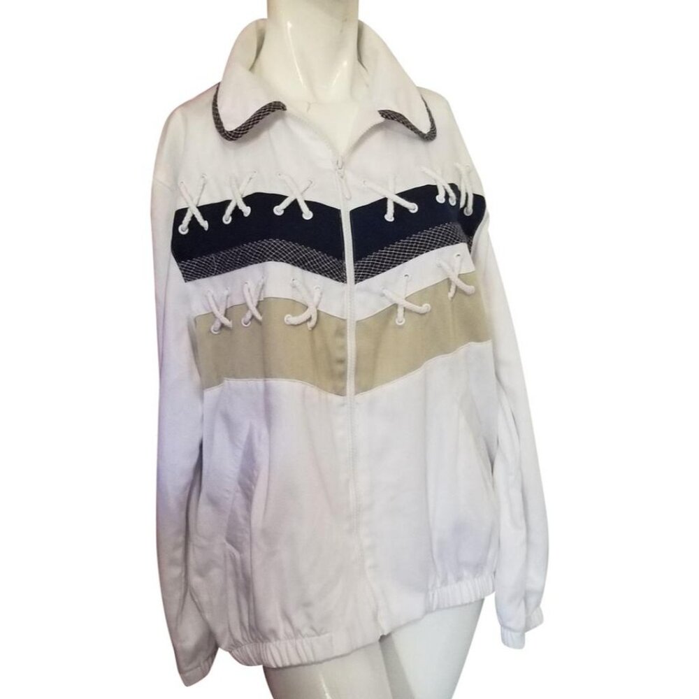Alfred Dunner Sailing Windbreaker Jacket Sz 10 (Med) White Navy Blue with Ropes
